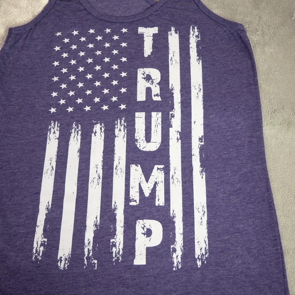 Women’s Medium Purple Trump American Flag Racerback Tank Top Patriotic USA Shirt - Picture 3 of 11